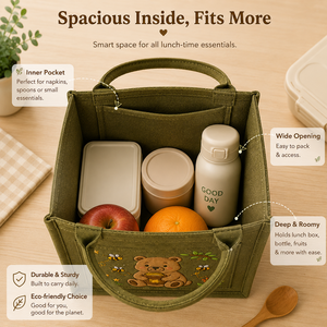 <b>Cute</b> Cartoon <b>Bear</b> Jute Lunch Bag With Top Handle 24x13x20cm Green Daily Use Tote - Product Image 5