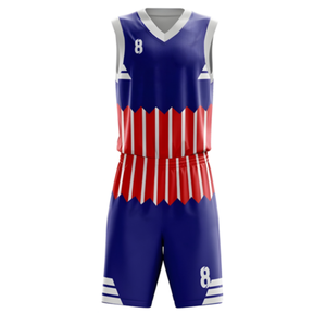 Ensemble d'uniformes de basketball personnalisés pour hommes, bleu, rouge et blanc, maillot sans manches à col en V, short à rayures, nom et numéro de l'équipe, kits en gros - Product Image 2