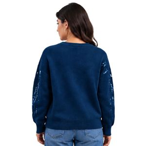 <b>Womens</b> Navy Blue <b>Sequin</b> Knit Sweater Long Sleeve Crew Neck Shimmering Pullover Relaxed Fit Casual Winter Fashion Jumper <b>Top</b> - Product Image 3