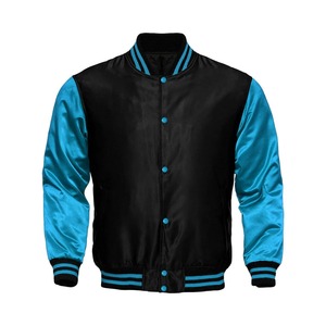 Chaqueta Varsity Unisex Negra y Turquesa de Satén, Cortavientos, Corte Regular, Color Sólido, Cuello Redondo, Cierre de Botones, Ropa Casual de Invierno - Product Image 1