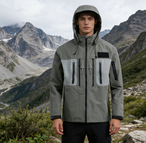 Veste de pêche d'extérieur pour homme de haute qualité, imperméable, UPF 35, imprimée, softshell, grise, à capuche, fermeture éclair sur le devant, couleur unie, polyester - Product Image 4