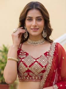 Rotes CxC Faux-Georgette Lehenga Choli Set mit Dupatta, Goldbestickt, Schnelltrocknend, Bodenlange Hochzeitskleider für Damen, Normale Passform - Product Image 6
