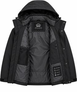 <b>Men</b>’s <b>Black</b> Hooded Shell <b>Jacket</b> Minimalist Waterproof Windbreaker with Storm Flap Pockets Custom Outdoor <b>Rain</b> Coat Wholesale - Product Image 5