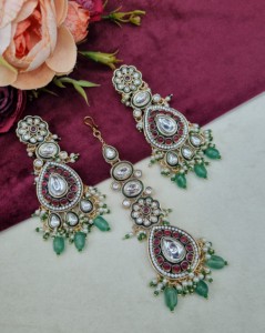 Designer Meenakari Flower Motif <b>Necklace</b> Set With Matching Earring & Mangtika Heavy Kundan <b>Necklace</b> Set Ethnic Wear Manufacturer - Product Image 3