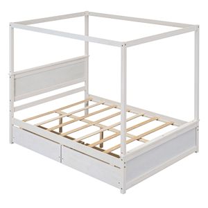 Lit à baldaquin en bois brossé blanc pleine grandeur avec deux tiroirs et sommier à lattes – Aucun sommier tapissier nécessaire - Product Image 4