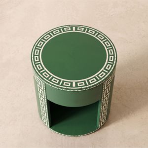 Table de chevet ronde en os vert fait main en Inde, motif grec, 1 tiroir, table de chevet de luxe - Product Image 3