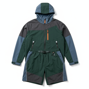 Unisex Color Blocking Tracksuit Set Hooded Windbreaker <b>Jacket</b> Shorts <b>Lightweight</b> Polyester Casual Wear Breathable Front Zipper - Product Image 1