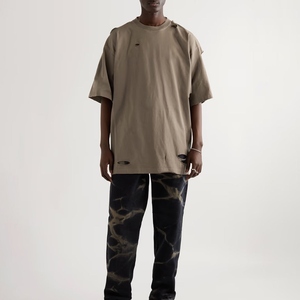 Men's Oversized Beige T-Shirt <b>Short</b> <b>Sleeve</b> O-Neck Street Style Jersey Knitted Cotton Solid Color With Cut-Out Details - Product Image 2