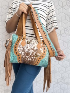 New Stylish Pattern Western Cowhide Leather Hand Tooled Carving Leather Fringe Tote Bag Stylish Purse Leather Bags for Women's - Product Image 5