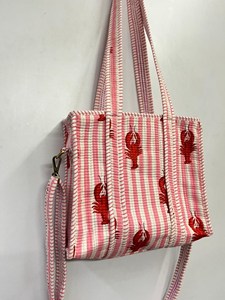 <b>Long</b> Strep Pink Striped Cotton Mini Tote <b>Bag</b> with Red Lobster Print & Dual Straps - Product Image 3