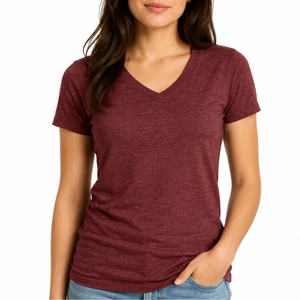 Camiseta de Algodón de Manga Corta con Cuello en V para Mujer, Color Sólido, Informal, Tejido Jersey, Transpirable, Corte Regular, para Todas las Temporadas - Product Image 1
