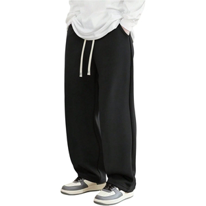 <b>Men's</b> Black Cotton Sweatpants Drawstring Elastic Waist Loose Straight Leg Breathable Casual <b>Pants</b> - Product Image 1