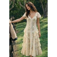 Robe longue bohème décontractée en coton brodé, manches classiques, col en V, coupe évasée, longueur ras du sol, écologique, respirante, taille naturelle