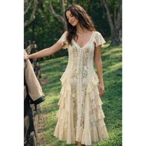 Vestido Maxi Bohemio Casual de Algodón Bordado con Manga Regular, Cuello en V, Corte Acampanado, Largo hasta el Suelo, Ecológico, Transpirable y con Cintura Natural - Product Image 4
