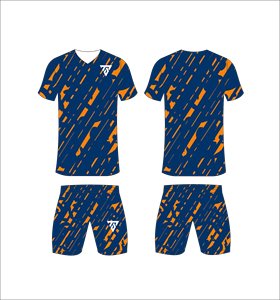 ชุดฟุตบอลแบบซับลิเมชั่นสั่งทำพิเศษสำหรับผู้ชาย พร้อมเสื้อพิมพ์ลายสีน้ำเงินเข้มและสีส้มแบบสาด และกางเกงขาสั้นเข้าชุด - Product Image 5