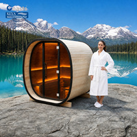 Sauna extérieur finlandais haut de gamme Turquoise Alpine Lake Retreat en pin thermique, capsule panoramique en verre, Wi-Fi intelligent, prêt à l'emploi (DDP)