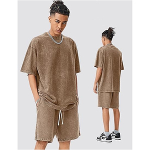 Custom Logo Vintage Acid Washed Sweat-Absorbing Terry Fabric T Shirt Shorts DTG Men Heavyweight Blank Oversized 100% Cotton <b>Set</b> - Product Image 4