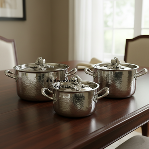 Elegant 3-Piece Gold Hammered Casserole <b>Set</b> with Leaf Lids Stainless Steel Kitchenware Cooking <b>Pots</b> Food Safe Gas Induction Use - Product Image 5