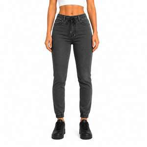 High <b>Waist</b> Dark Grey Skinny Denim <b>Jeans</b> <b>With</b> Drawstring <b>Elastic</b> <b>Waist</b> And Cuffed Hem Casual Women's Full Length Jogger Pants - Product Image 1