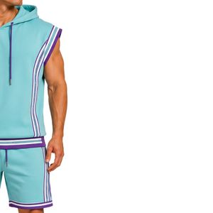 Custom Mens Aqua Purple <b>Sleeveless</b> Hooded Tracksuit Set Custom Logo Gym Fitness Training Sports <b>Hoodie</b> And Shorts Activewear - Product Image 4