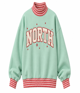 Custom <b>Women</b>’s Oversized <b>Christmas</b> Mockneck <b>Sweatshirt</b> Gingham Letter Applique Embroidery Loose Fit Winter Top - Product Image 4