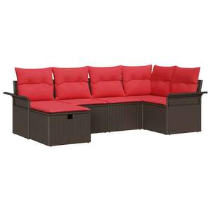Ensemble de canapés de jardin en polyrotin marron et rouge, 6 pièces, avec coussins - Product Image 2