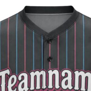Custom Sublimated Mens <b>Baseball</b> Jersey Teamname 12 Striped Black Red Blue V-Neck Short Sleeve Breathable Full Button Regular Fit - Product Image 6