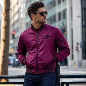 Custom <b>Men's</b> Burgundy Satin Stand Bomber Jacket Embroidered Front Logo <b>Pullover</b> Closure Casual Windproof Winter Streetwear - Product Image 1