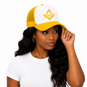 Gorra Trucker Unisex Ajustable de 6 Paneles con Malla Amarilla y Blanca, Estilo Griego, para Hermandades y Fraternidades Masónicas, Colección Heritage - Product Image 4