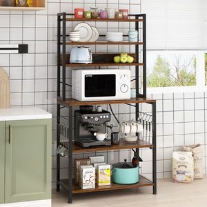 6-Layer Retro Brown Plate B Microwave Oven Rack with 10 S Hooks Strips 80*40*170cm Particle Board Melamine Paste Kitchen Storage - Product Image 2