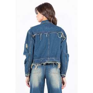 American Bazi Mujer Tamaño completo Desgastado Borde deshilachado Cremallera Chaqueta de mezclilla Abrigos de talla grande - Product Image 2