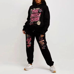 Ensemble de survêtement décontracté pour femme, respirant, délavé à l'acide, noir, 100% coton, été, avec sweat à capuche et pantalon de jogging – Vente en gros usine, personnalisable - Product Image 3