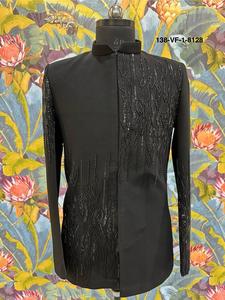 Luxury Men Jodhpuri Suit Royal Midnight Willow Base Jet Black Glass <b>Beads</b> Tonal Silk <b>Thread</b> Embroidery - Product Image 4
