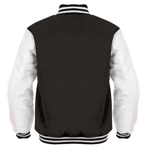 <b>Men's</b> Black <b>White</b> PU Varsity <b>Jacket</b> Regular Fit Turn-down Collar Zipper Closure Preppy Style Solid Color Autumn Wear - Product Image 1