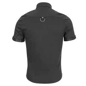 <b>Men's</b> Gothic Short Sleeve Shirt Punk Black Cotton Slim Fit with O-Ring Harness & PU Leather Trim - Product Image 2