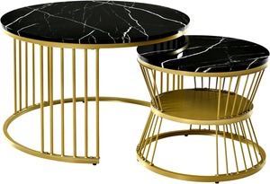 Mesa de Centro Moderna de Lujo en Madera Contrachapada con Superficie de Aspecto Mármol y Base de Listones Metálicos Dorados, Mesa de Salón Contemporánea - Product Image 1