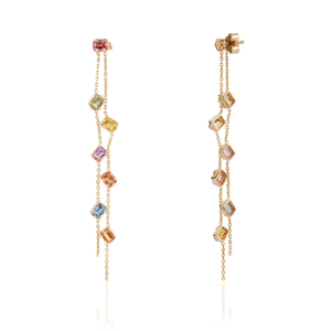 Pendientes Largos Colgantes de Oro Amarillo Real de 14K con Diseño Exquisito y Elegante, Bisel de Piñón y Cadena de Doble Eslabón con Múltiples Zafiros - Product Image 5