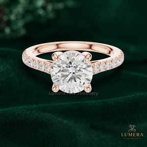 Lab Grown Round Cut Diamond Engagement <b>Ring</b>, Side Micro Pave Half Eternity <b>Open</b> Basket Sparkling Diamond Solitaire <b>Ring</b> For Her - Product Image 2
