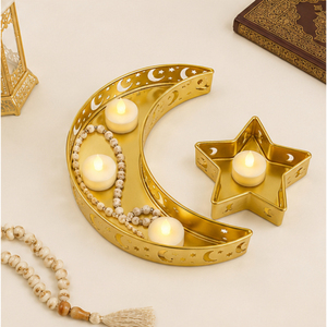 <b>Gold</b> Metal Ramadan <b>Serving</b> <b>Tray</b> Set Hollow Out Crescent Moon Star Shaped Eid Mubarak Food Dessert Platter Muslim Party Table - Product Image 4