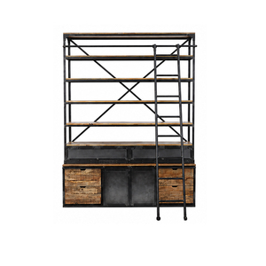Industrial Metal Wood Bookcase with Ladder 6 <b>Shelves</b> Storage Cabinet Home <b>Office</b> Furniture Modern Design Freestanding - Product Image 1