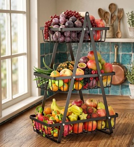 Panier à fruits et légumes à 2 niveaux en métal blanc pour le rangement des collations et des courses, et la présentation des produits frais de l'Inde - Product Image 6