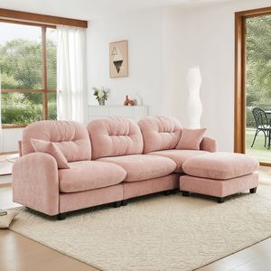 Divano Componibile a L in Tessuto Chenille Premium, Design Ergonomico, Facile Installazione, con Pouf Trapuntato e Plissettato per Soggiorno - Product Image 2