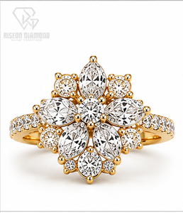 Luxury floral ring in 18K yellow gold with marquise and round lab grown diamonds elegant flower <b>cluster</b> timeless couture desi - Product Image 3