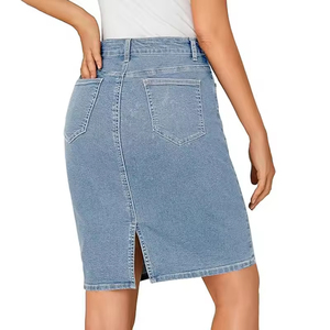 Falda vaquera personalizable de cintura alta para mujer, estilo lápiz, hasta la rodilla, elástica, estilo urbano, azul, con bolsillos, de secado rápido, talla mediana, para invierno. - Product Image 4