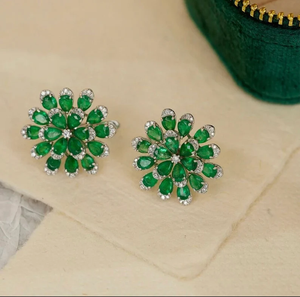 Flower Shape <b>Stud</b> Earrings With Green Crystal Rhinestones Silver Plated Alloy Women's Party Jewelry Classic Style - Product Image 2
