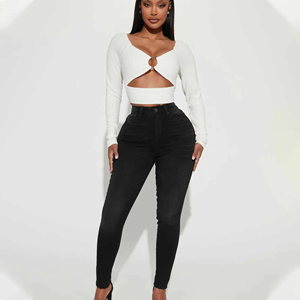 Nouveau jean sportif taille haute pour femme, décontracté, respirant, coupe droite, en denim uni avec poches, 100 % coton tissé - Product Image 4