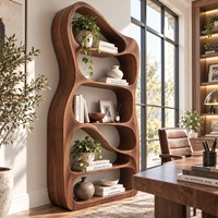 Rak Buku Kayu Bentuk Unik Tiga Tiang Walnut Kapasitas Besar Gaya Vintage Rak Penyimpanan Tinggi Berdiri Sendiri Untuk Rumah