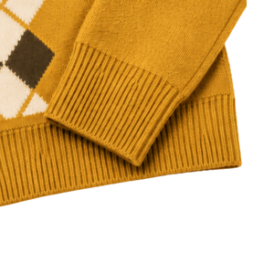 Cardigan en tricot pour homme jaune moutarde à col en V, motif losanges, boutons sur le devant, manches longues, classique, décontracté, tricot doux - Product Image 5