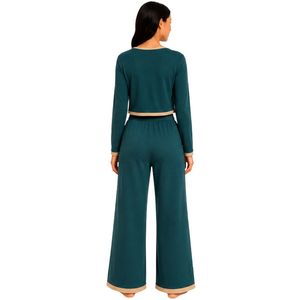 Manufacturer Womens Teal and <b>Beige</b> Long Sleeve Crop <b>Cardigan</b> Wide Leg Pajama Set Soft Breathable Lounge Sleepwear Custom OEM - Product Image 2