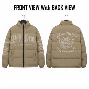 Veste d'hiver matelassée kaki personnalisée en tissu nylon premium, panneaux matelassés horizontaux, séchage rapide, respirante, logo avant/arrière - Product Image 1